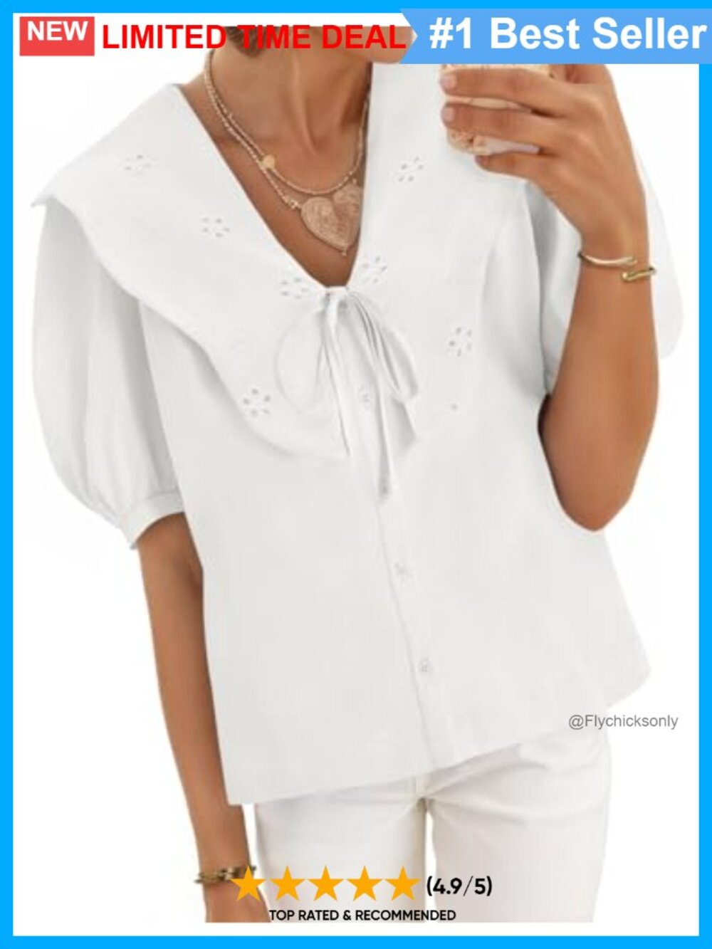 Cotton Puff Sleeve Button Down Blouse Peter Pan Collar Loose Fit Top